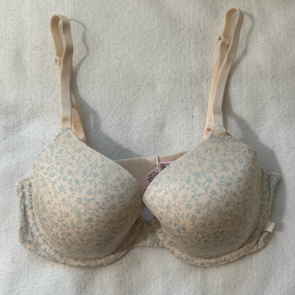 Victoria Secret Lined Demi Bra convertible Racerback light cream blue floral 36C
